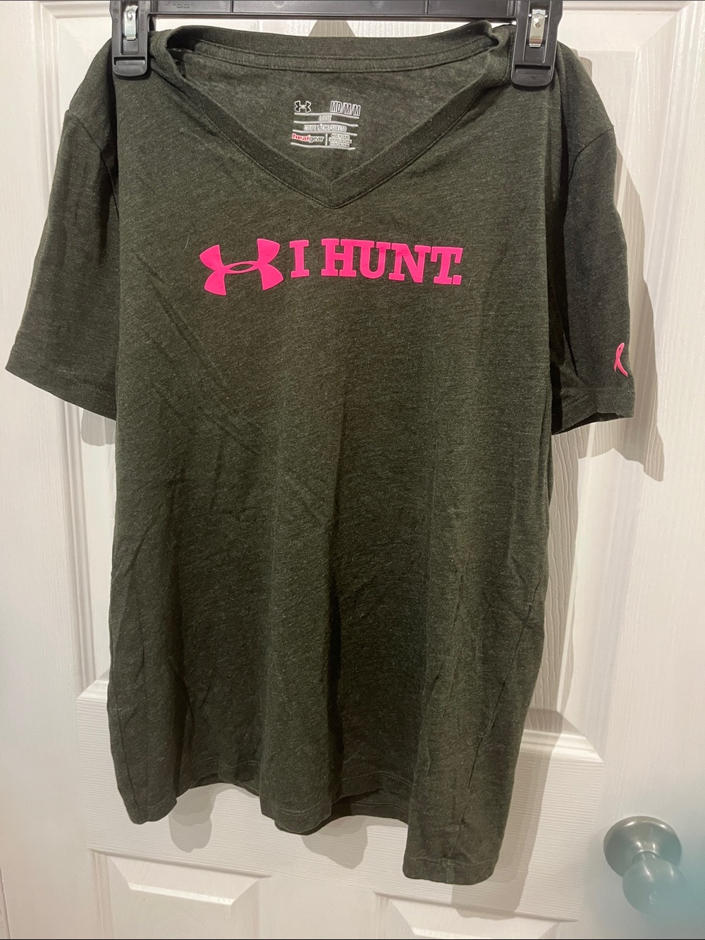 Under Armour Olive Green V-Neck Tee with Hot Pink I HUNT Logo